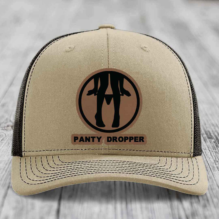 Panty Dropper - Leather Patch Hat - Dark Brown to Black Patch - Richardson 112 Snapback Trucker Hat