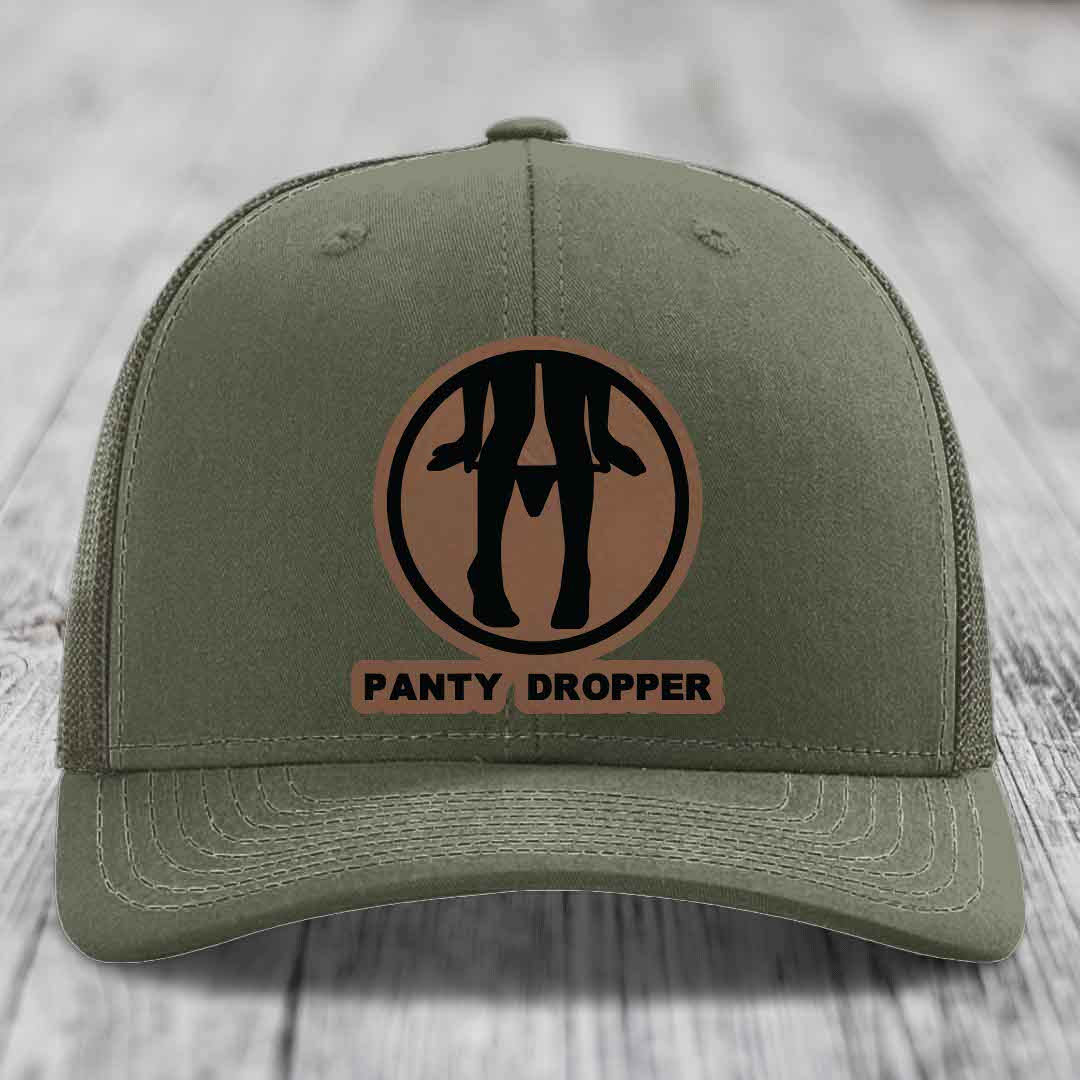 Panty Dropper - Leather Patch Hat - Dark Brown to Black Patch - Richardson 112 Snapback Trucker Hat