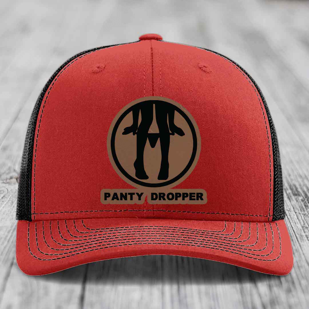 Panty Dropper - Leather Patch Hat - Dark Brown to Black Patch - Richardson 112 Snapback Trucker Hat