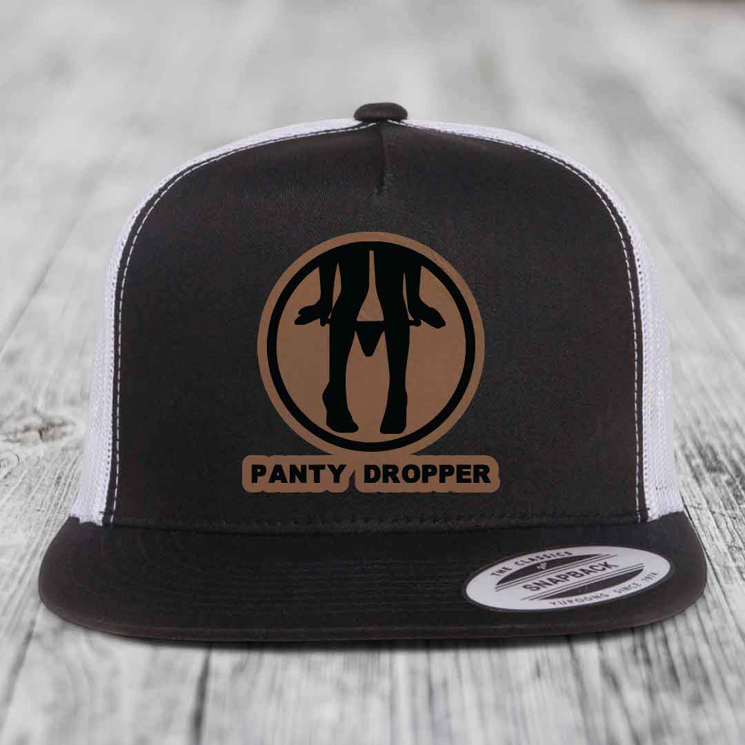Panty Dropper - Leather Patch Hat - Dark Brown to Black Patch - Yupoong 6006 Snapback Flatbill Hat