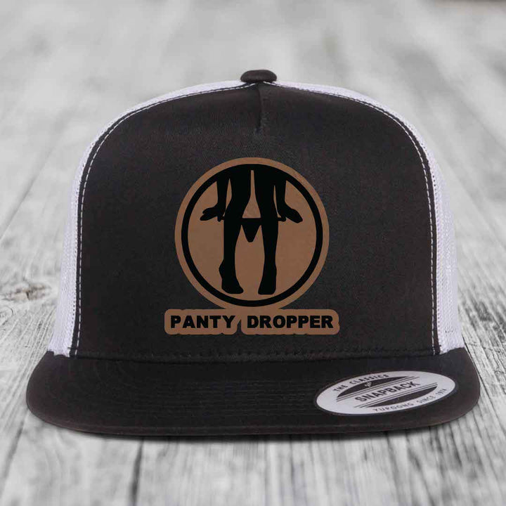 Panty Dropper - Leather Patch Hat - Dark Brown to Black Patch - Yupoong 6006 Snapback Flatbill Hat