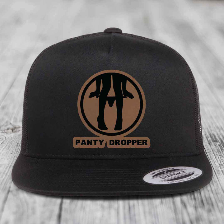 Panty Dropper - Leather Patch Hat - Dark Brown to Black Patch - Yupoong 6006 Snapback Flatbill Hat