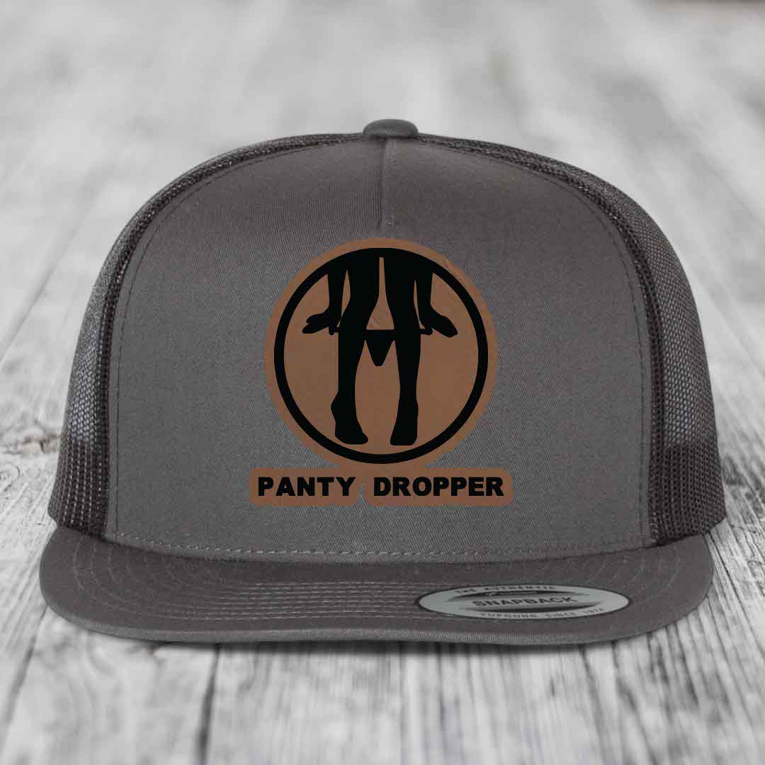 Panty Dropper - Leather Patch Hat - Dark Brown to Black Patch - Yupoong 6006 Snapback Flatbill Hat