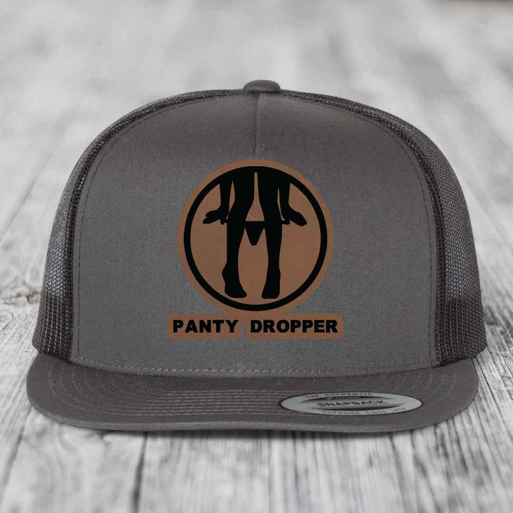 Panty Dropper - Leather Patch Hat - Dark Brown to Black Patch - Yupoong 6006 Snapback Flatbill Hat