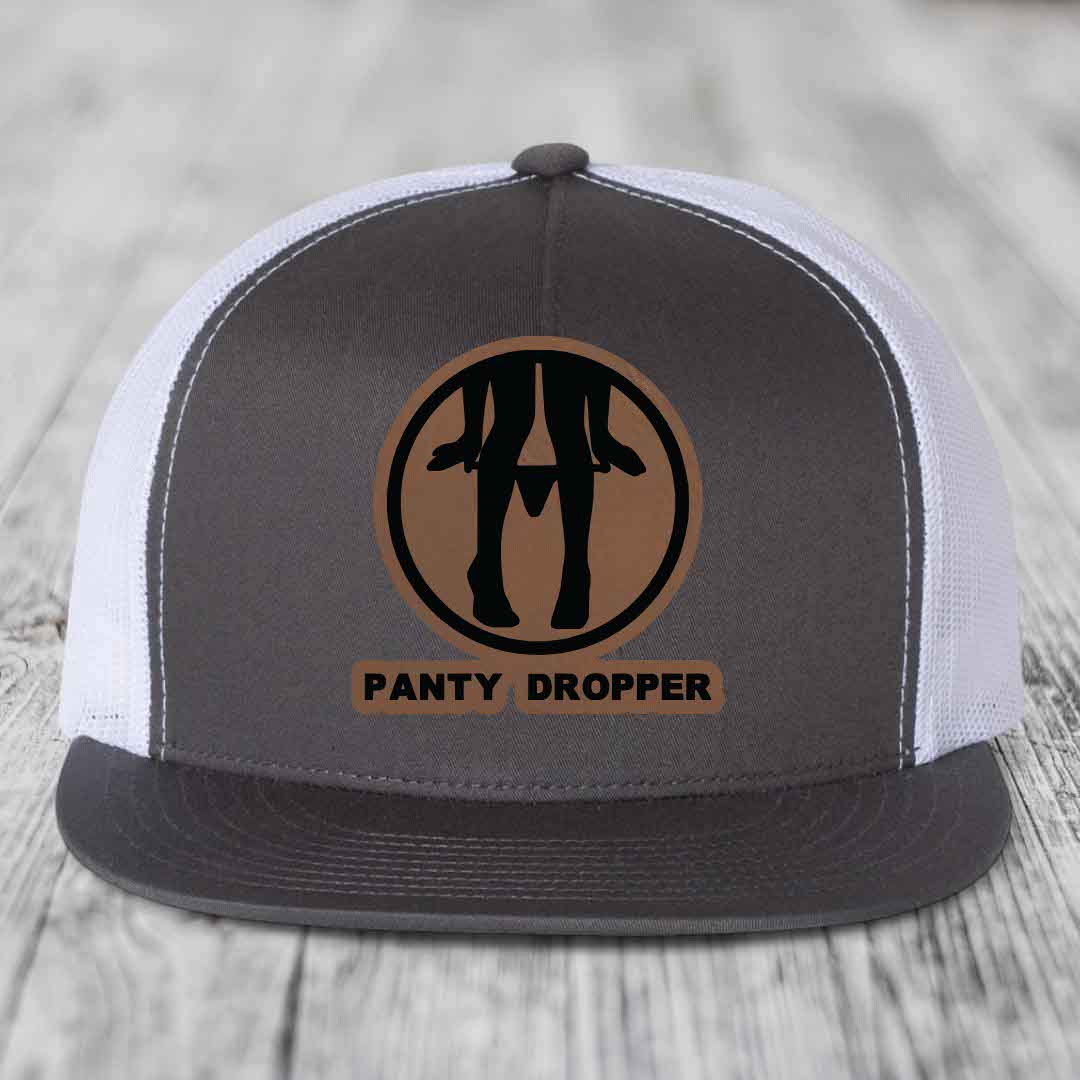 Panty Dropper - Leather Patch Hat - Dark Brown to Black Patch - Yupoong 6006 Snapback Flatbill Hat