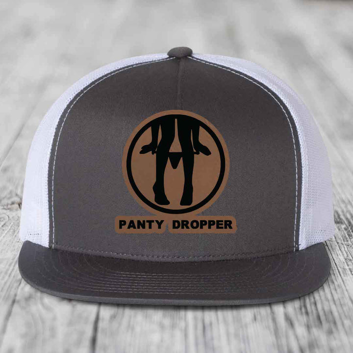 Panty Dropper - Leather Patch Hat - Dark Brown to Black Patch - Yupoong 6006 Snapback Flatbill Hat