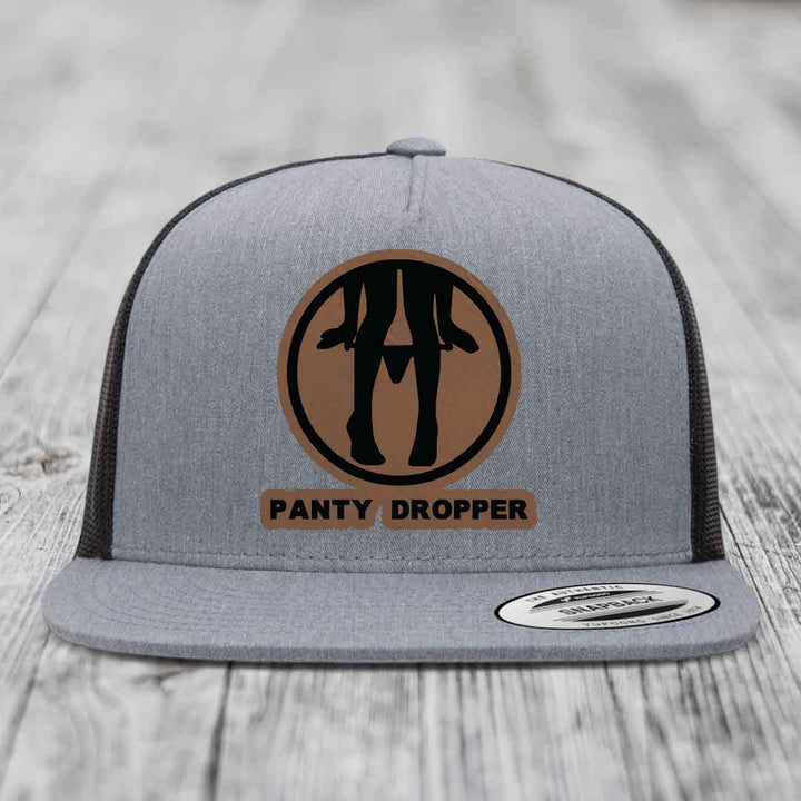 Panty Dropper - Leather Patch Hat - Dark Brown to Black Patch - Yupoong 6006 Snapback Flatbill Hat