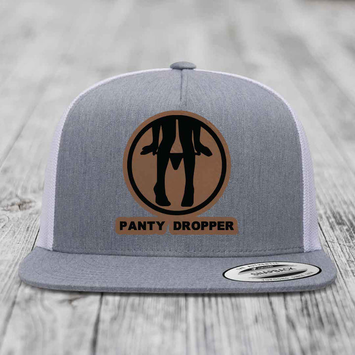 Panty Dropper - Leather Patch Hat - Dark Brown to Black Patch - Yupoong 6006 Snapback Flatbill Hat