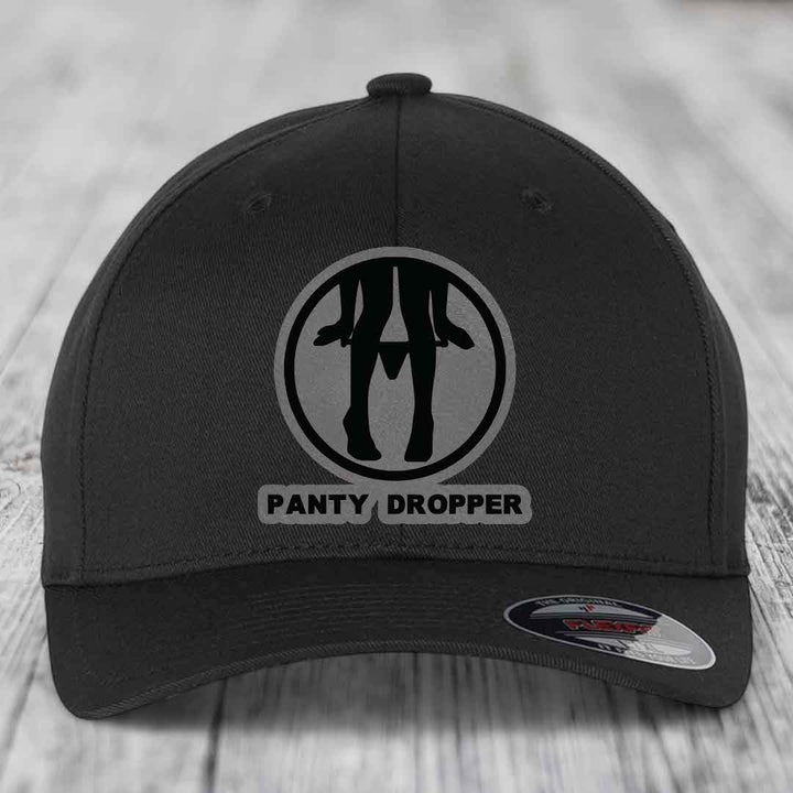 Panty Dropper - Leather Patch Hat - Grey to Black Patch - Flexfit 6277 Fitted Hat