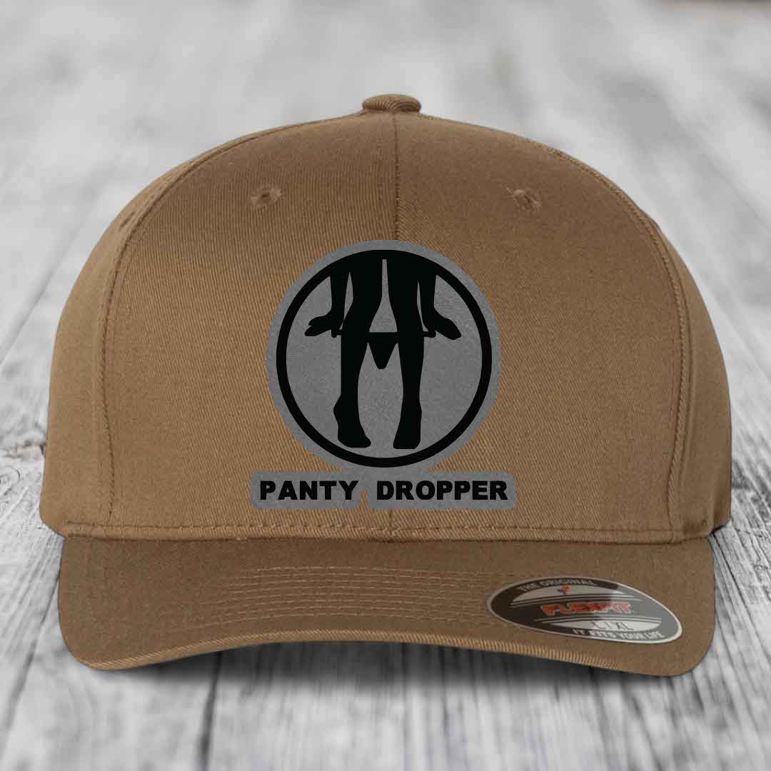 Panty Dropper - Leather Patch Hat - Grey to Black Patch - Flexfit 6277 Fitted Hat