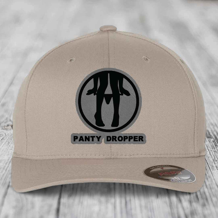 Panty Dropper - Leather Patch Hat - Grey to Black Patch - Flexfit 6277 Fitted Hat