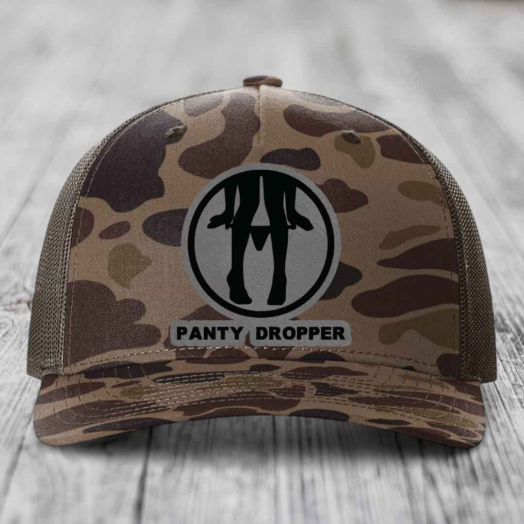 Panty Dropper - Leather Patch Hat - Grey to Black Patch - Richardson 112PFP Snapback Trucker Hat