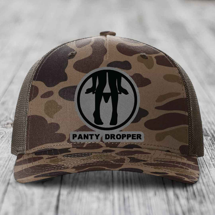 Panty Dropper - Leather Patch Hat - Grey to Black Patch - Richardson 112PFP Snapback Trucker Hat