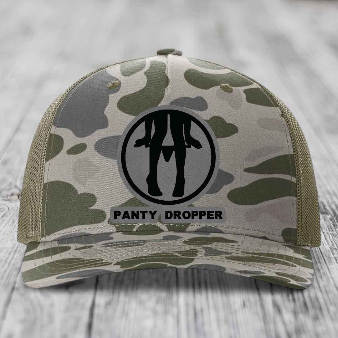 Panty Dropper - Leather Patch Hat - Grey to Black Patch - Richardson 112PFP Snapback Trucker Hat