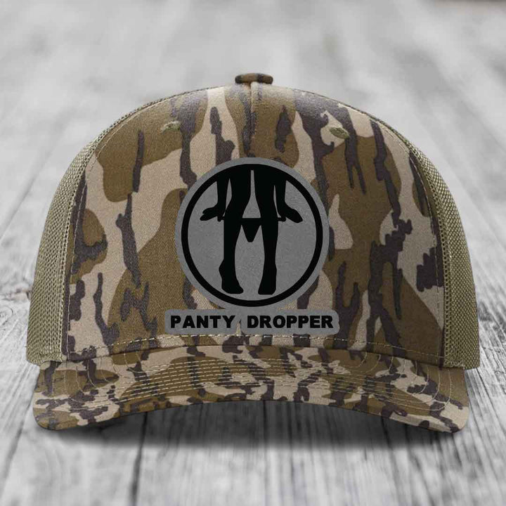 Panty Dropper - Leather Patch Hat - Grey to Black Patch - Richardson 112PFP Snapback Trucker Hat