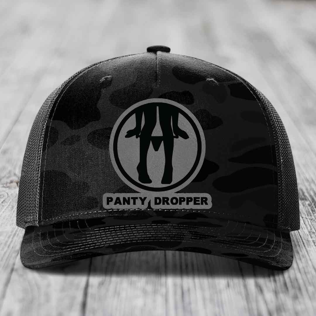 Panty Dropper - Leather Patch Hat - Grey to Black Patch - Richardson 112PFP Snapback Trucker Hat