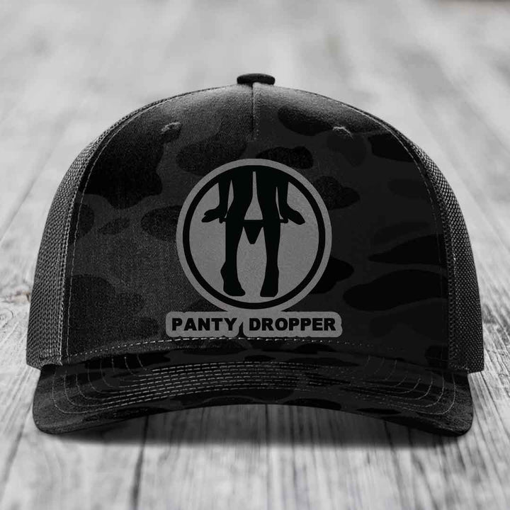 Panty Dropper - Leather Patch Hat - Grey to Black Patch - Richardson 112PFP Snapback Trucker Hat