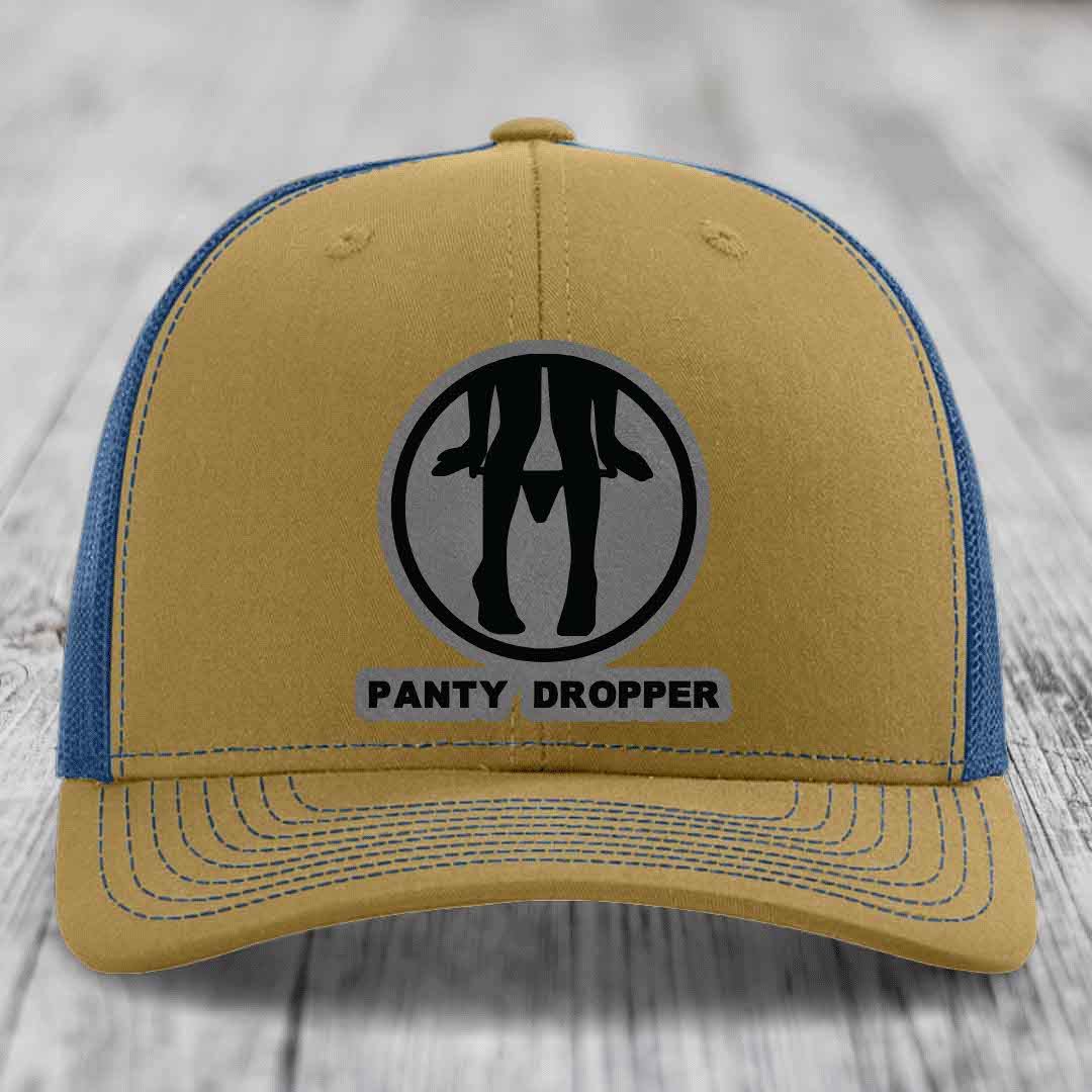 Tan and blue trucker hat with &
