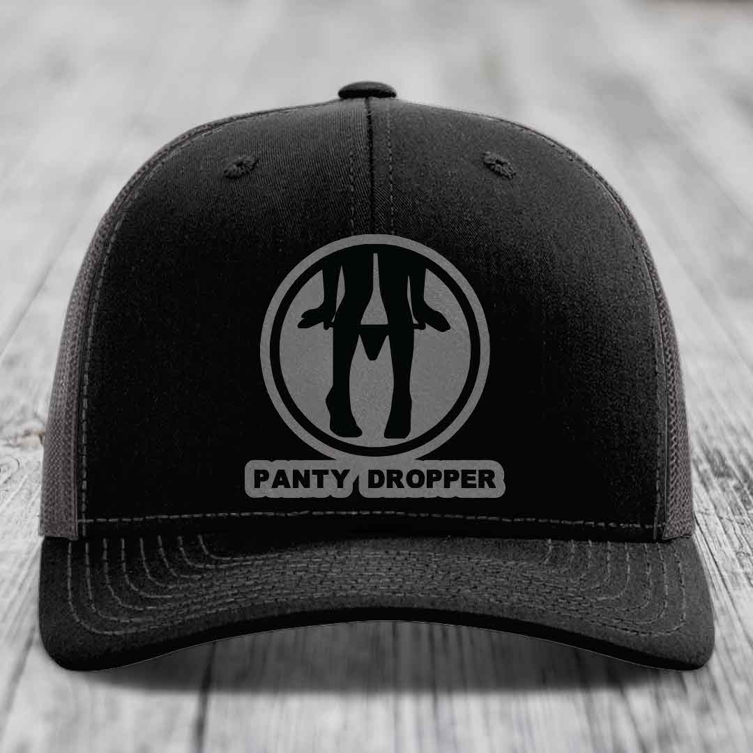 Panty Dropper - Leather Patch Hat - Grey to Black Patch - Richardson 112 Snapback Trucker Hat