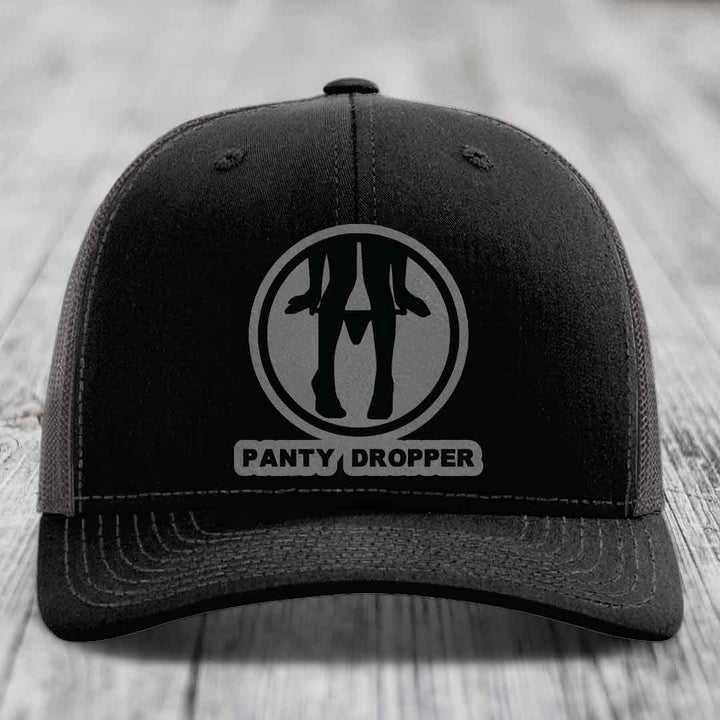 Panty Dropper - Leather Patch Hat - Grey to Black Patch - Richardson 112 Snapback Trucker Hat