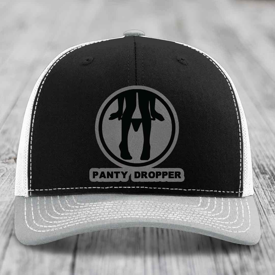 Panty Dropper - Leather Patch Hat - Grey to Black Patch - Richardson 112 Snapback Trucker Hat