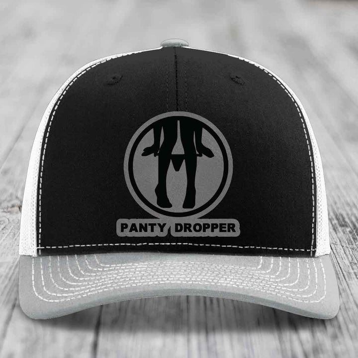 Panty Dropper - Leather Patch Hat - Grey to Black Patch - Richardson 112 Snapback Trucker Hat