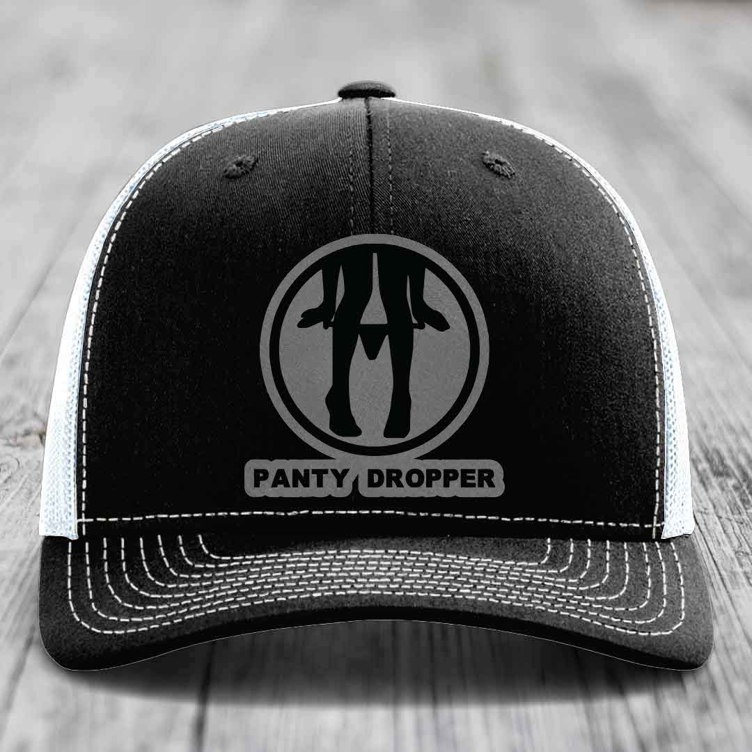 Panty Dropper - Leather Patch Hat - Grey to Black Patch - Richardson 112 Snapback Trucker Hat