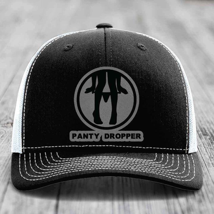 Panty Dropper - Leather Patch Hat - Grey to Black Patch - Richardson 112 Snapback Trucker Hat