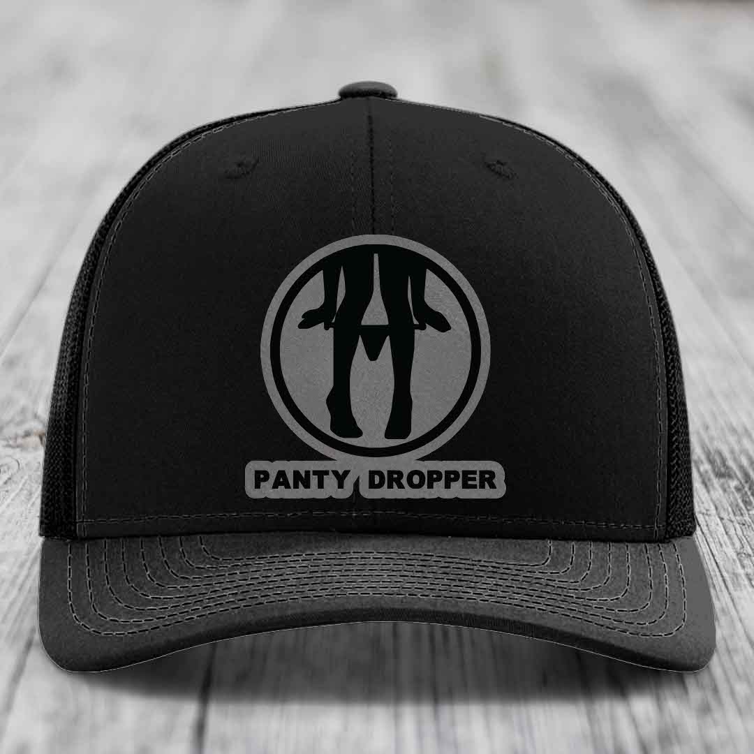 Panty Dropper - Leather Patch Hat - Grey to Black Patch - Richardson 112 Snapback Trucker Hat