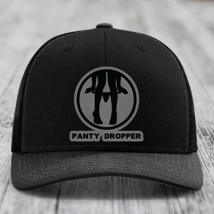 Panty Dropper - Leather Patch Hat - Grey to Black Patch - Richardson 112 Snapback Trucker Hat