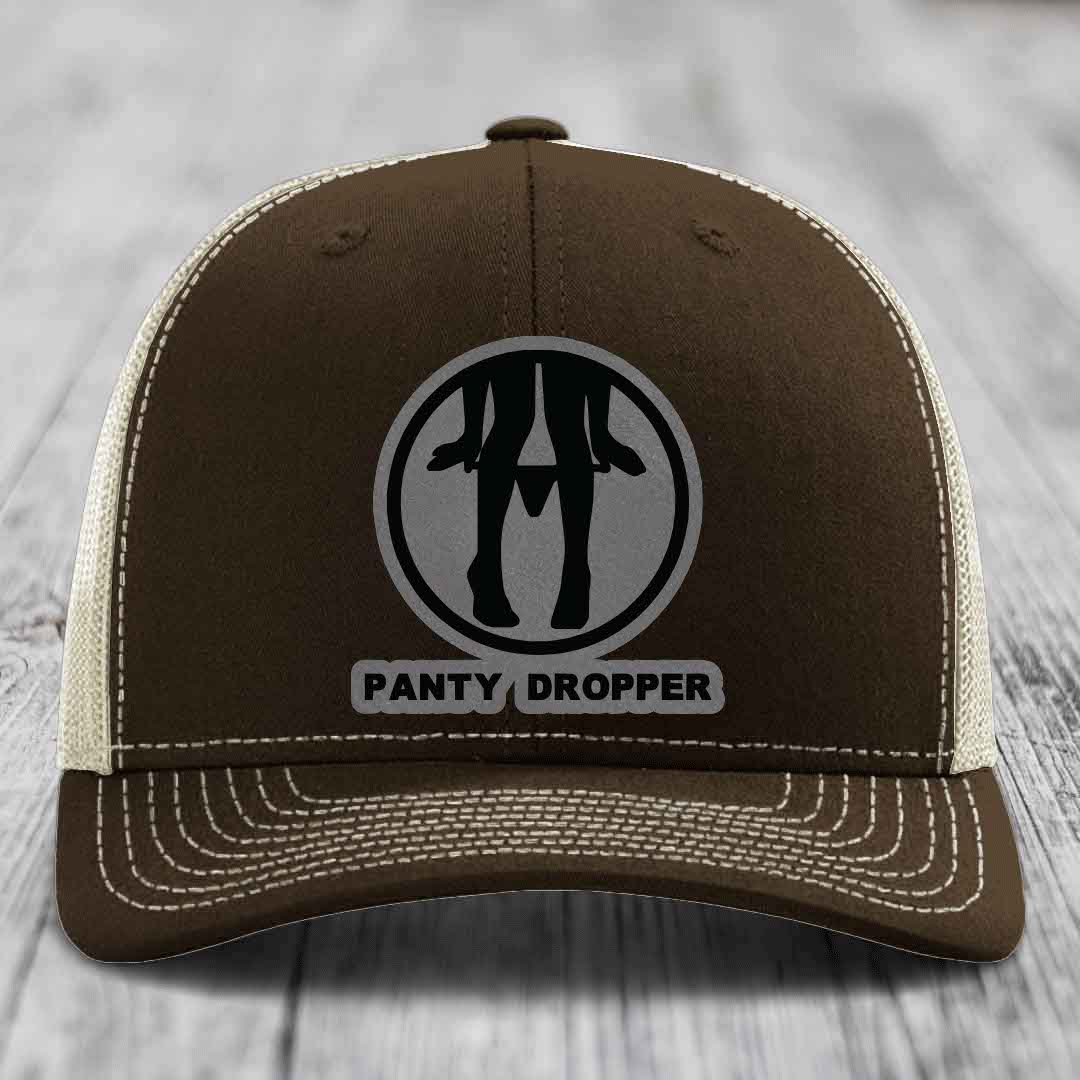 Panty Dropper - Leather Patch Hat - Grey to Black Patch - Richardson 112 Snapback Trucker Hat