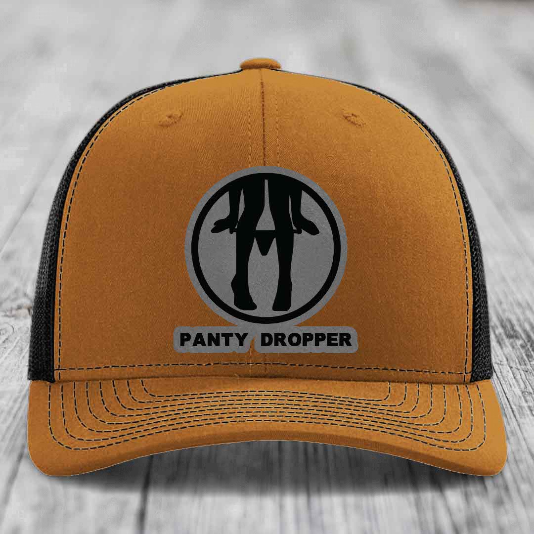 Panty Dropper - Leather Patch Hat - Grey to Black Patch - Richardson 112 Snapback Trucker Hat