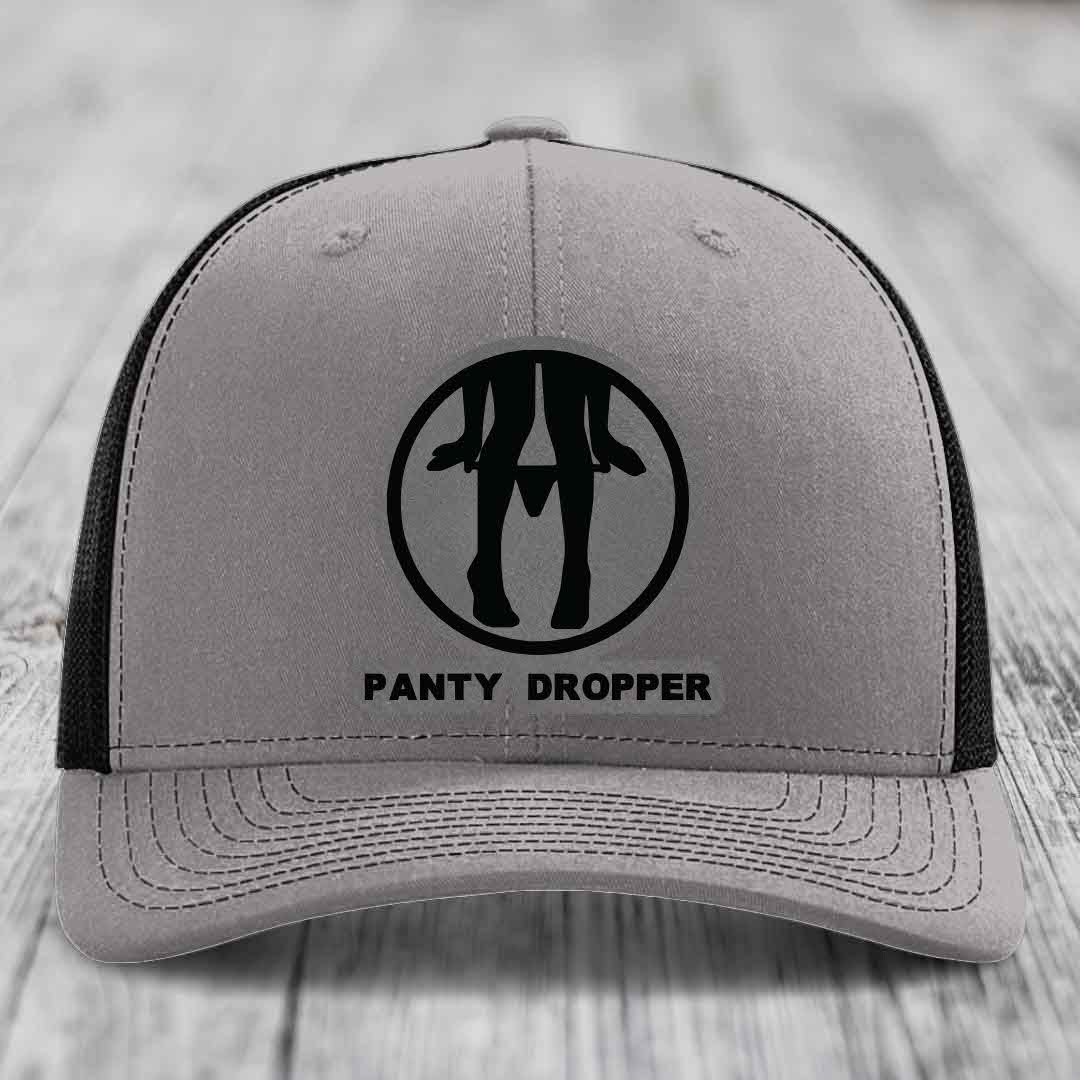 Panty Dropper - Leather Patch Hat - Grey to Black Patch - Richardson 112 Snapback Trucker Hat