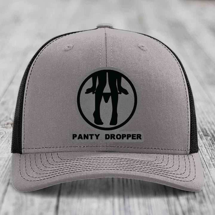Panty Dropper - Leather Patch Hat - Grey to Black Patch - Richardson 112 Snapback Trucker Hat