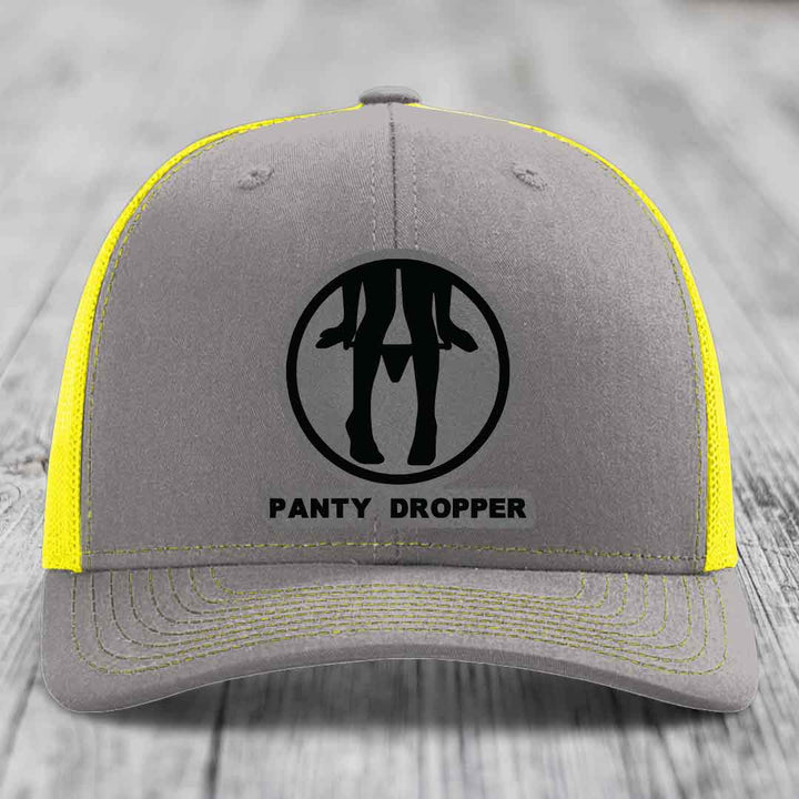 Panty Dropper - Leather Patch Hat - Grey to Black Patch - Richardson 112 Snapback Trucker Hat