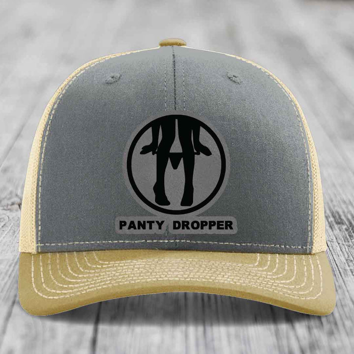Panty Dropper - Leather Patch Hat - Grey to Black Patch - Richardson 112 Snapback Trucker Hat