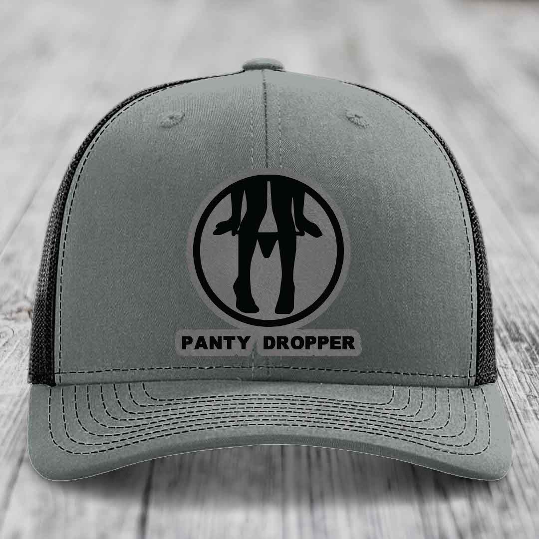 Panty Dropper - Leather Patch Hat - Grey to Black Patch - Richardson 112 Snapback Trucker Hat
