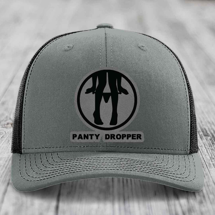 Panty Dropper - Leather Patch Hat - Grey to Black Patch - Richardson 112 Snapback Trucker Hat