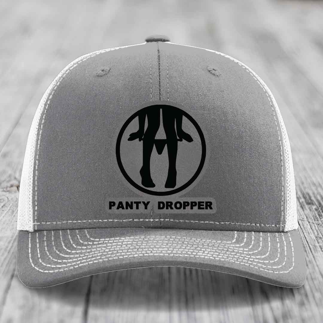 Panty Dropper - Leather Patch Hat - Grey to Black Patch - Richardson 112 Snapback Trucker Hat