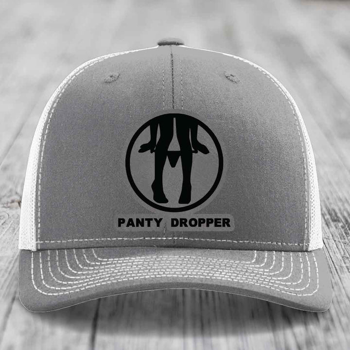 Panty Dropper - Leather Patch Hat - Grey to Black Patch - Richardson 112 Snapback Trucker Hat