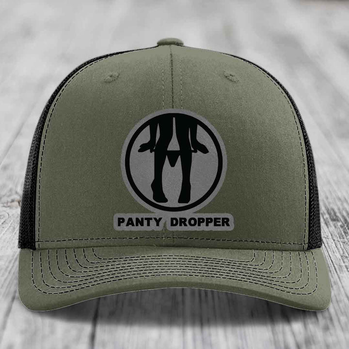 Panty Dropper - Leather Patch Hat - Grey to Black Patch - Richardson 112 Snapback Trucker Hat