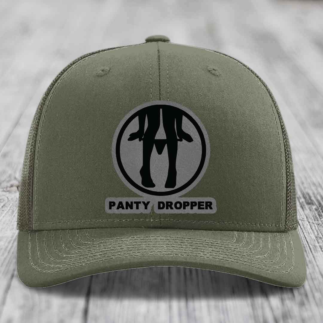 Panty Dropper - Leather Patch Hat - Grey to Black Patch - Richardson 112 Snapback Trucker Hat