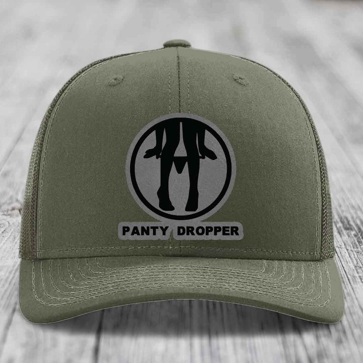 Panty Dropper - Leather Patch Hat - Grey to Black Patch - Richardson 112 Snapback Trucker Hat