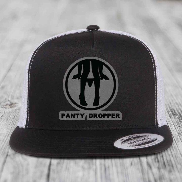 Panty Dropper - Leather Patch Hat - Grey to Black Patch - Yupoong 6006 Snapback Flatbill Hat