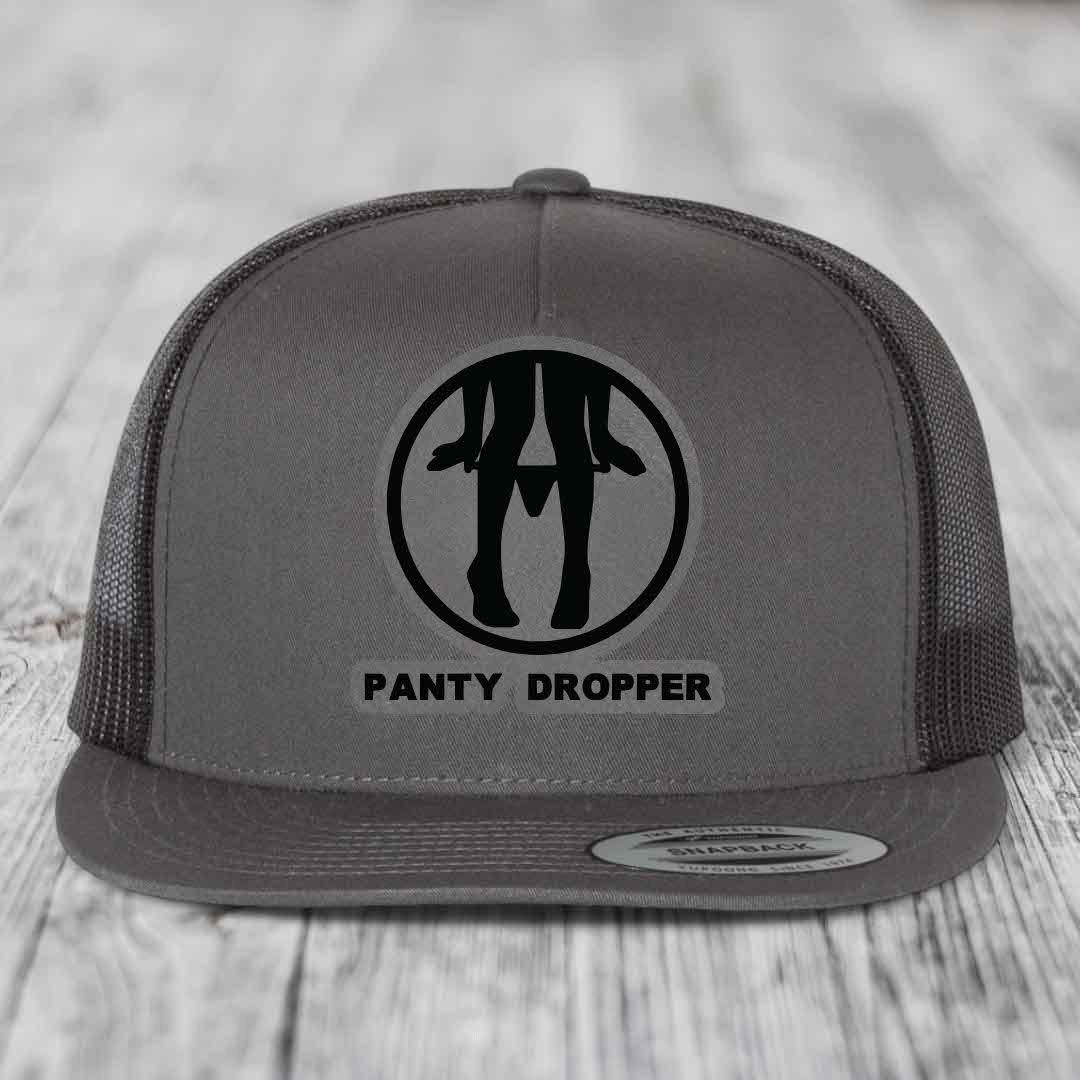 Panty Dropper - Leather Patch Hat - Grey to Black Patch - Yupoong 6006 Snapback Flatbill Hat