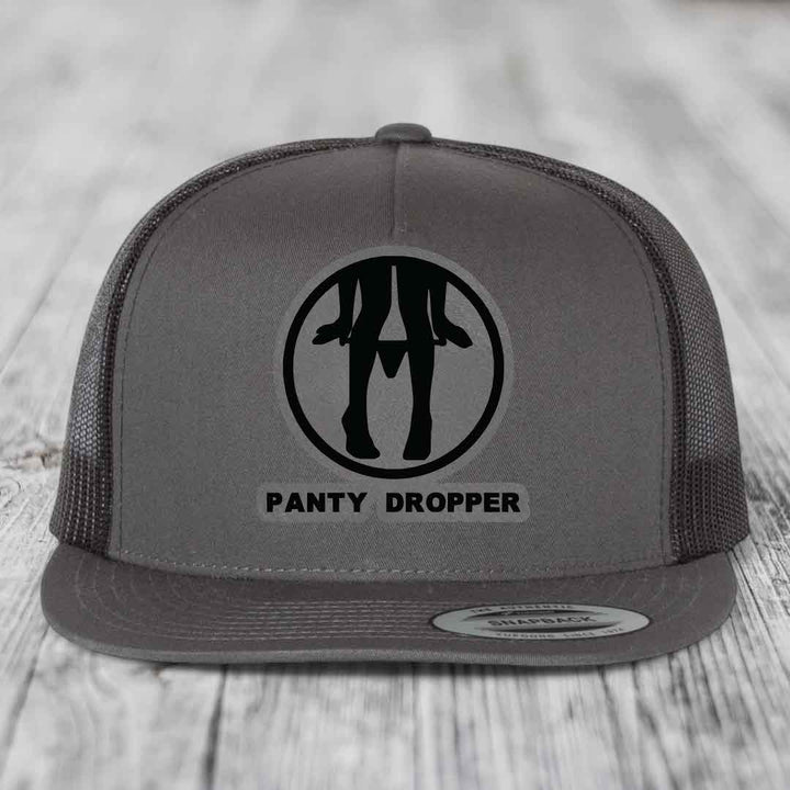 Panty Dropper - Leather Patch Hat - Grey to Black Patch - Yupoong 6006 Snapback Flatbill Hat
