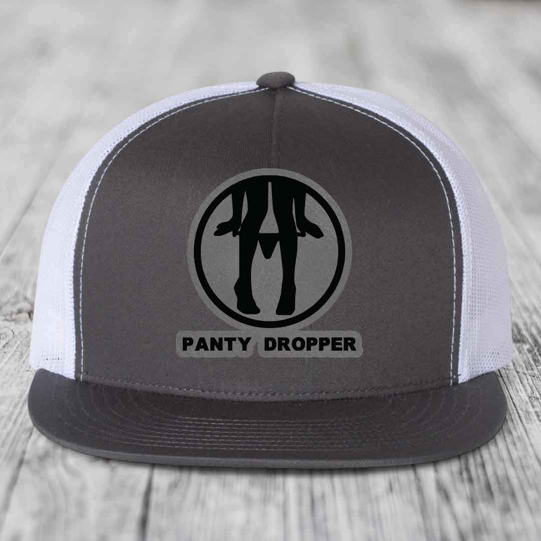 Panty Dropper - Leather Patch Hat - Grey to Black Patch - Yupoong 6006 Snapback Flatbill Hat