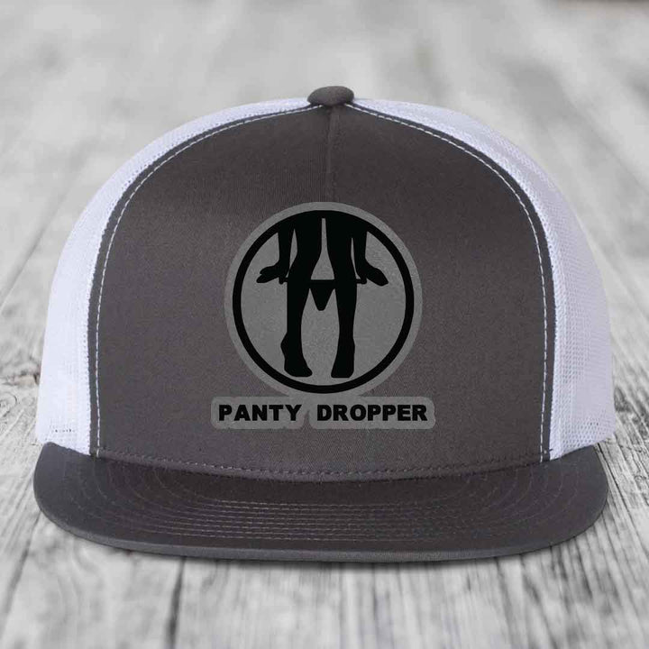 Panty Dropper - Leather Patch Hat - Grey to Black Patch - Yupoong 6006 Snapback Flatbill Hat