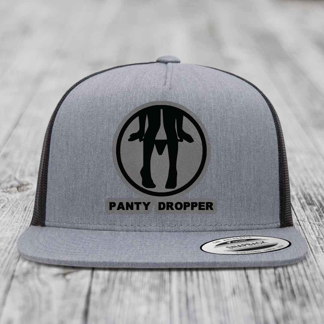 Panty Dropper - Leather Patch Hat - Grey to Black Patch - Yupoong 6006 Snapback Flatbill Hat