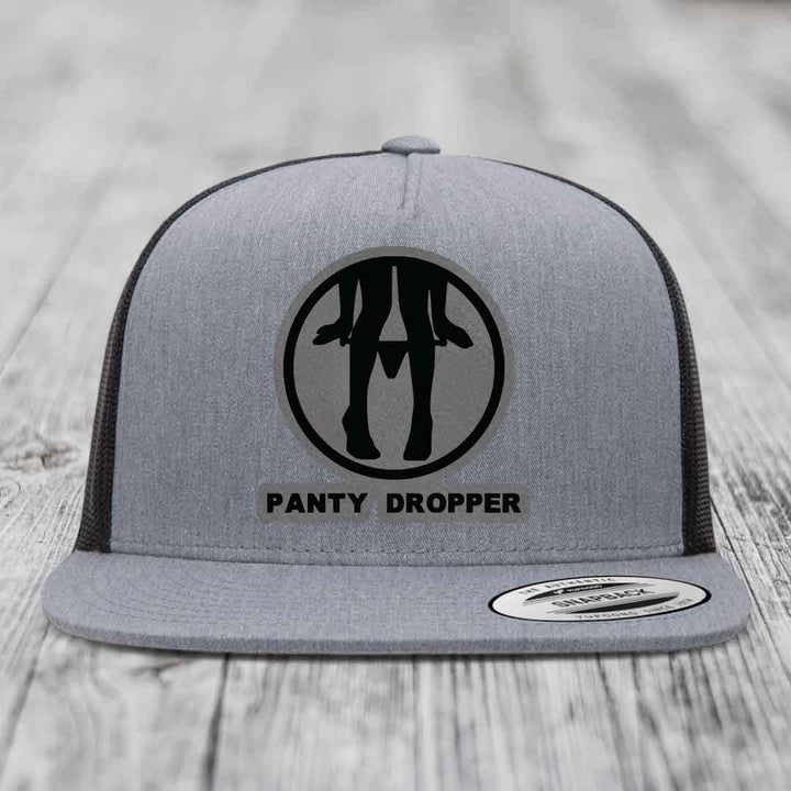 Panty Dropper - Leather Patch Hat - Grey to Black Patch - Yupoong 6006 Snapback Flatbill Hat